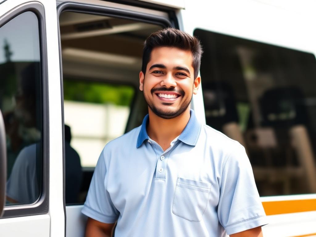 Motorista de van escolar sorridente ao lado do veículo