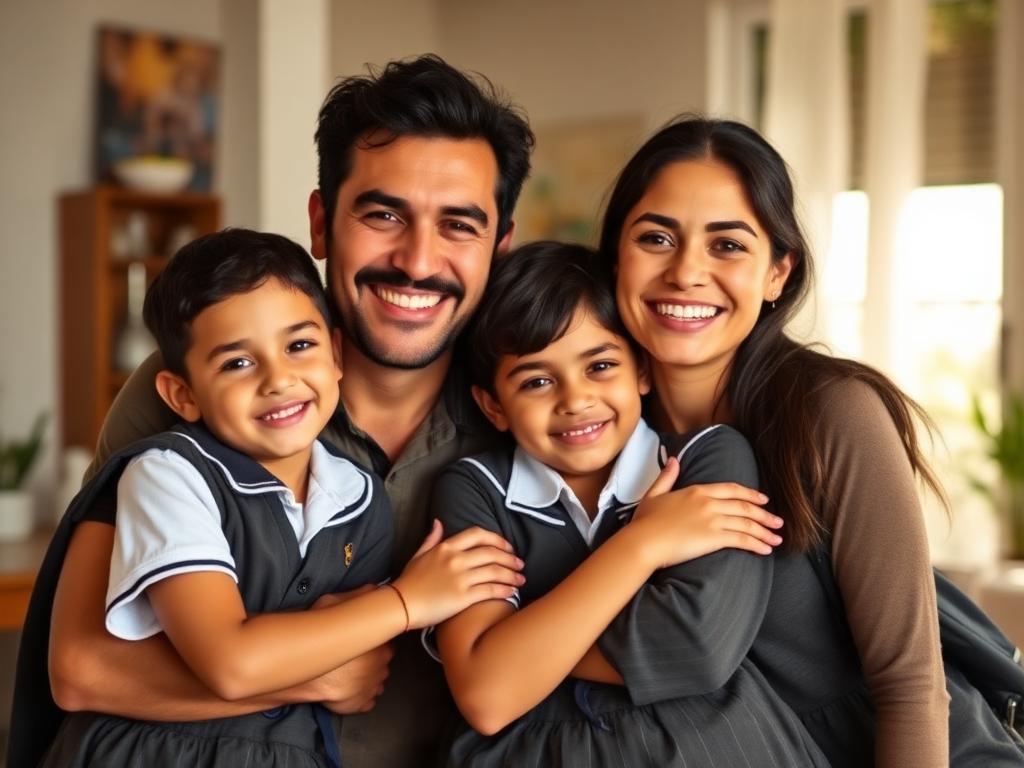 Família feliz e sorridente com filhos em uniforme escolar